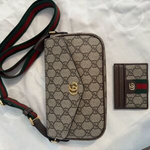 Gucci Monogram Beige and Brown Bag with Card Holder